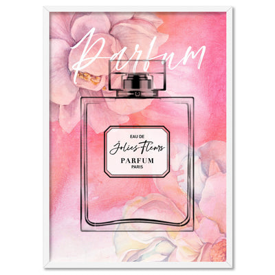 Pink Florals Painted Perfume Bottle - Art Print, Poster, Stretched Canvas, or Framed Wall Art Print, shown in a white frame