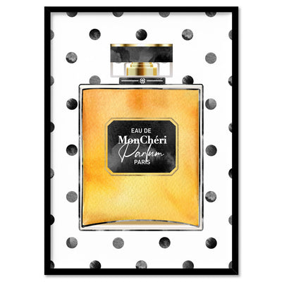 Watercolour Spot Perfume Bottle Gold - Art Print, Poster, Stretched Canvas, or Framed Wall Art Print, shown in a black frame