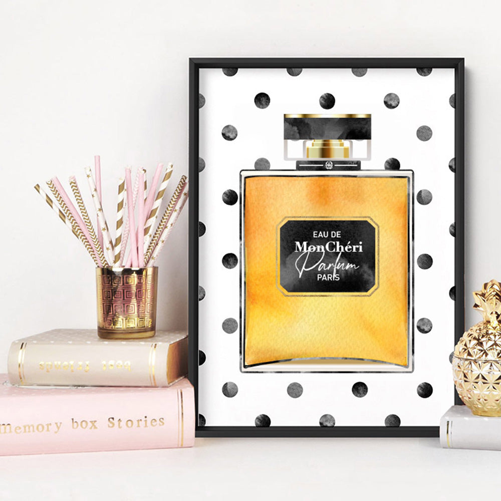 Watercolour Spot Perfume Bottle Gold - Art Print, Poster, Stretched Canvas or Framed Wall Art Prints, shown framed in a room
