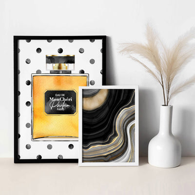 Watercolour Spot Perfume Bottle Gold - Art Print, Poster, Stretched Canvas or Framed Wall Art, shown framed in a home interior space