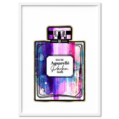 Rainbow Grunge Watercolour Perfume Bottle - Art Print, Poster, Stretched Canvas, or Framed Wall Art Print, shown in a white frame