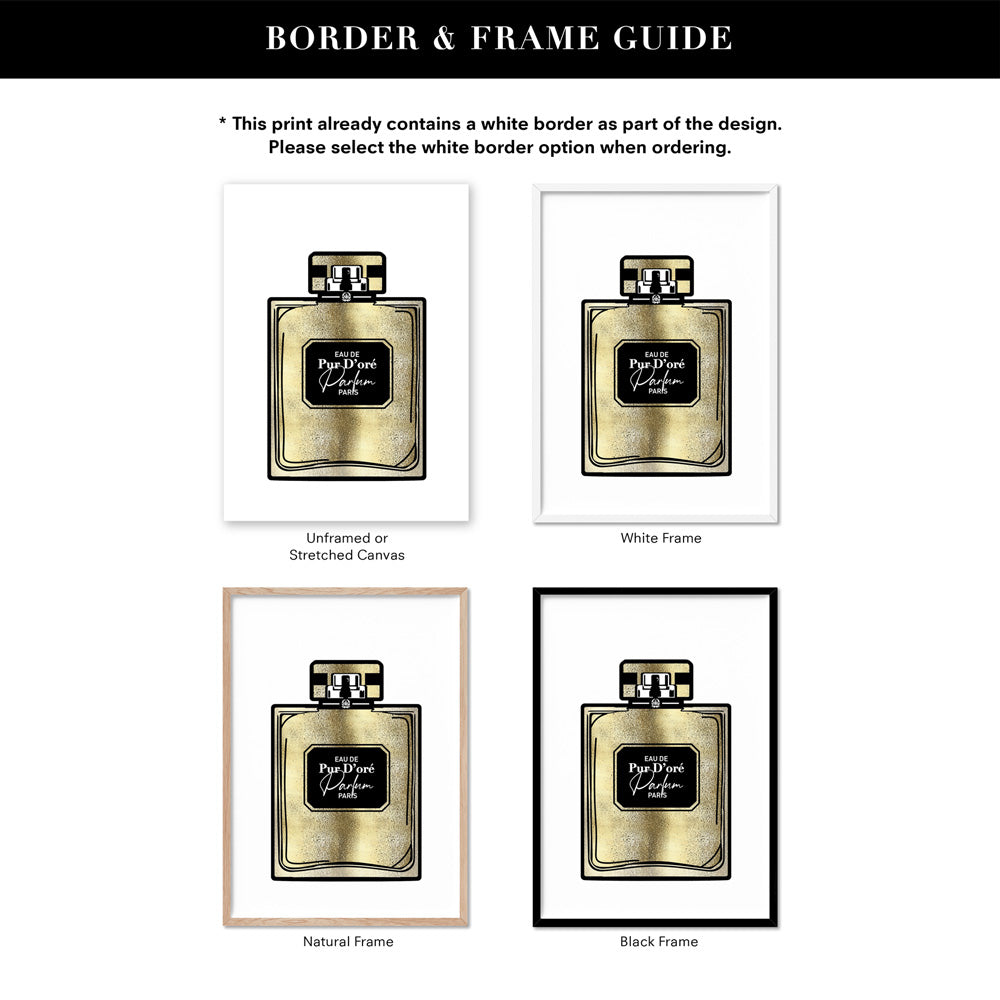 Solid Gold Perfume Bottle (faux look foil) - Art Print, Poster, Stretched Canvas or Framed Wall Art, Showing White , Black, Natural Frame Colours, No Frame (Unframed) or Stretched Canvas, and With or Without White Borders
