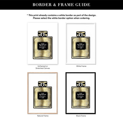 Solid Gold Perfume Bottle (faux look foil) - Art Print, Poster, Stretched Canvas or Framed Wall Art, Showing White , Black, Natural Frame Colours, No Frame (Unframed) or Stretched Canvas, and With or Without White Borders