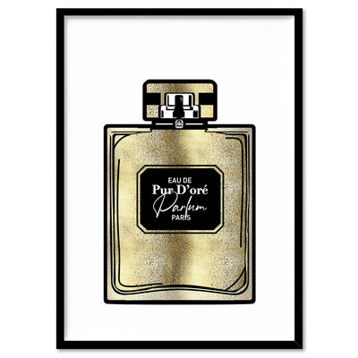 Solid Gold Perfume Bottle (faux look foil) - Art Print, Poster, Stretched Canvas, or Framed Wall Art Print, shown in a black frame