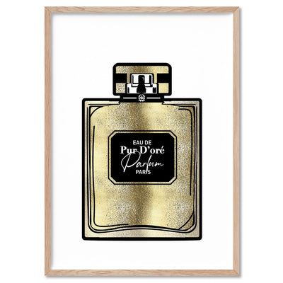 Solid Gold Perfume Bottle (faux look foil) - Art Print, Poster, Stretched Canvas, or Framed Wall Art Print, shown in a natural timber frame