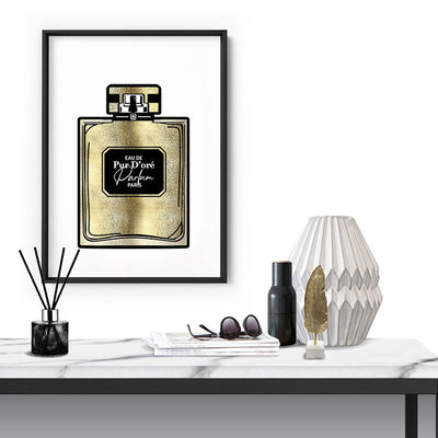 Solid Gold Perfume Bottle (faux look foil) - Art Print, Poster, Stretched Canvas or Framed Wall Art, shown framed in a room
