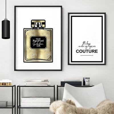Solid Gold Perfume Bottle (faux look foil) - Art Print, Poster, Stretched Canvas or Framed Wall Art, shown framed in a home interior space