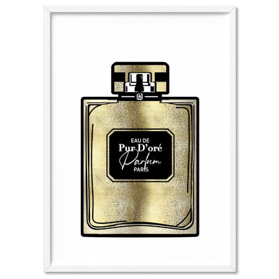 Solid Gold Perfume Bottle (faux look foil) - Art Print, Poster, Stretched Canvas, or Framed Wall Art Print, shown in a white frame