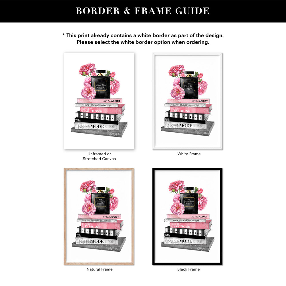 Perfume Bottle on Fashion Books Stack I - Art Print, Poster, Stretched Canvas or Framed Wall Art, Showing White , Black, Natural Frame Colours, No Frame (Unframed) or Stretched Canvas, and With or Without White Borders