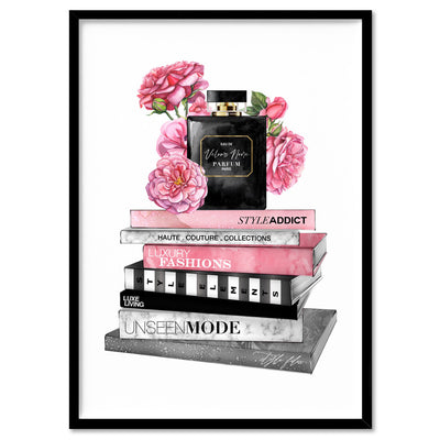 Perfume Bottle on Fashion Books Stack I - Art Print, Poster, Stretched Canvas, or Framed Wall Art Print, shown in a black frame