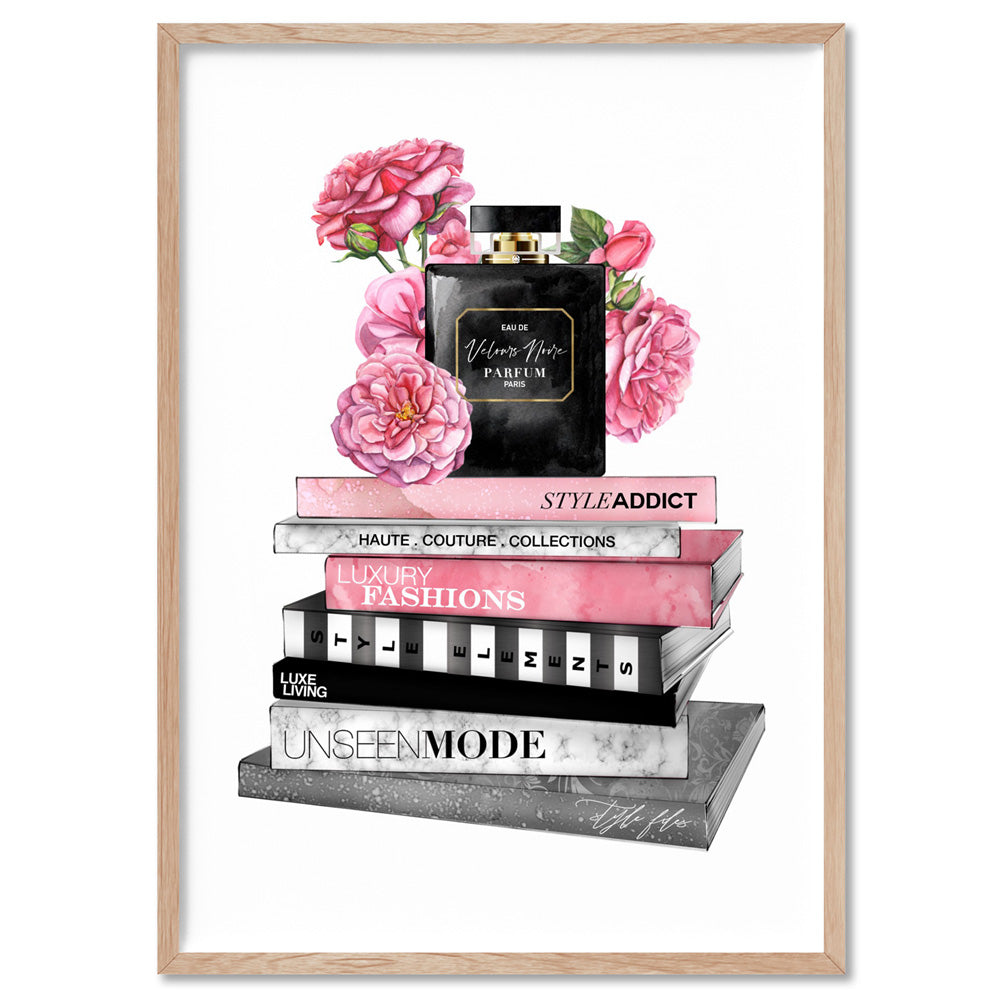 Perfume Bottle on Fashion Books Stack I - Art Print, Poster, Stretched Canvas, or Framed Wall Art Print, shown in a natural timber frame