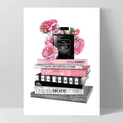 Perfume Bottle on Fashion Books Stack I - Art Print, Poster, Stretched Canvas, or Framed Wall Art Print, shown as a stretched canvas or poster without a frame