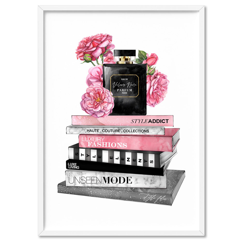 Perfume Bottle on Fashion Books Stack I - Art Print, Poster, Stretched Canvas, or Framed Wall Art Print, shown in a white frame