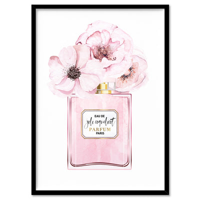 Pastel Pink Floral Perfume Bottle - Art Print, Poster, Stretched Canvas, or Framed Wall Art Print, shown in a black frame