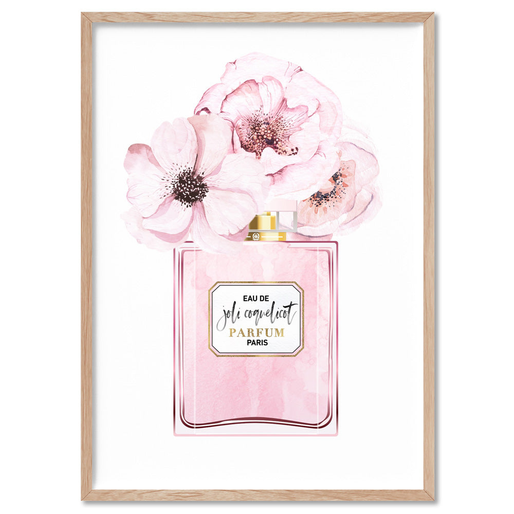 Pastel Pink Floral Perfume Bottle - Art Print, Poster, Stretched Canvas, or Framed Wall Art Print, shown in a natural timber frame