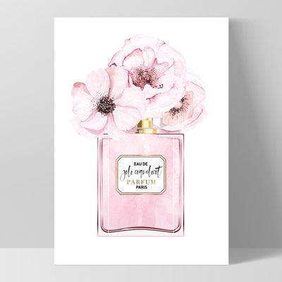 Pastel Pink Floral Perfume Bottle - Art Print, Poster, Stretched Canvas, or Framed Wall Art Print, shown as a stretched canvas or poster without a frame