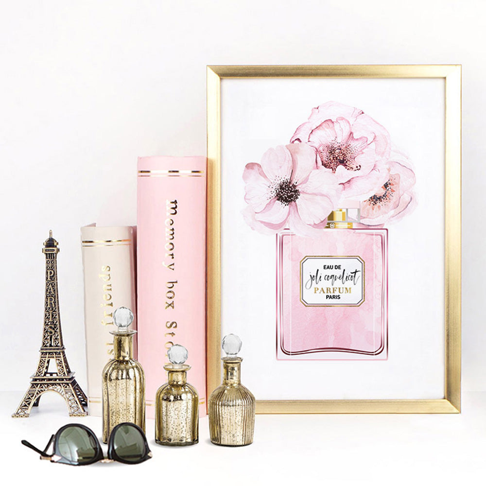 Pastel Pink Floral Perfume Bottle - Art Print, Poster, Stretched Canvas or Framed Wall Art Prints, shown framed in a room