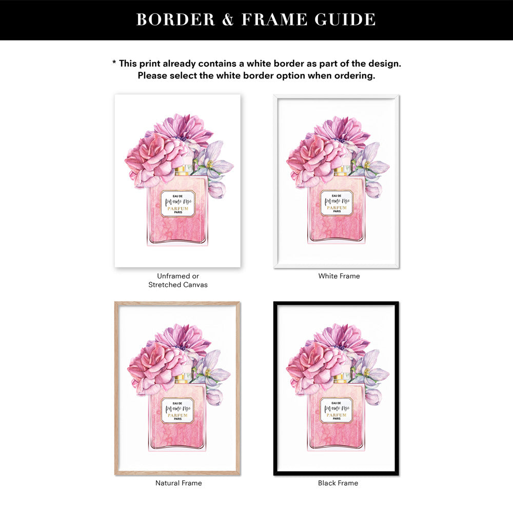 Pink Floral Perfume Bottle - Art Print, Poster, Stretched Canvas or Framed Wall Art, Showing White , Black, Natural Frame Colours, No Frame (Unframed) or Stretched Canvas, and With or Without White Borders