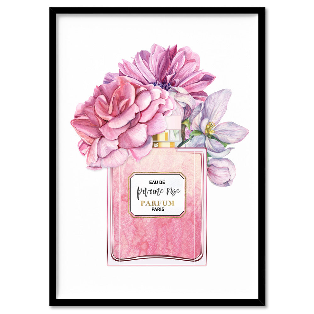 Pink Floral Perfume Bottle - Art Print, Poster, Stretched Canvas, or Framed Wall Art Print, shown in a black frame