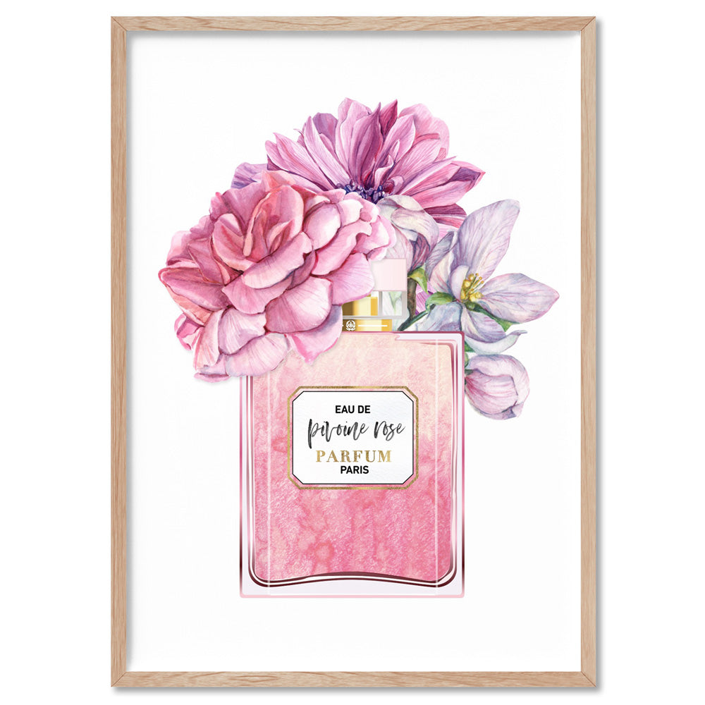 Pink Floral Perfume Bottle - Art Print, Poster, Stretched Canvas, or Framed Wall Art Print, shown in a natural timber frame