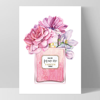 Pink Floral Perfume Bottle - Art Print, Poster, Stretched Canvas, or Framed Wall Art Print, shown as a stretched canvas or poster without a frame