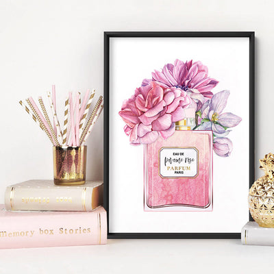 Pink Floral Perfume Bottle - Art Print, Poster, Stretched Canvas or Framed Wall Art Prints, shown framed in a room