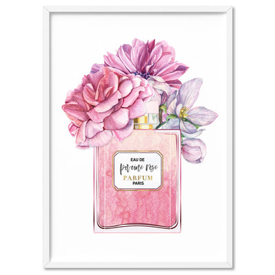 Pink Floral Perfume Bottle - Art Print, Poster, Stretched Canvas, or Framed Wall Art Print, shown in a white frame