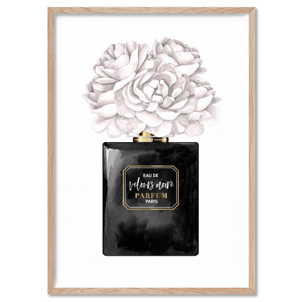 Black & White Floral Perfume Bottle - Art Print, Poster, Stretched Canvas, or Framed Wall Art Print, shown in a natural timber frame