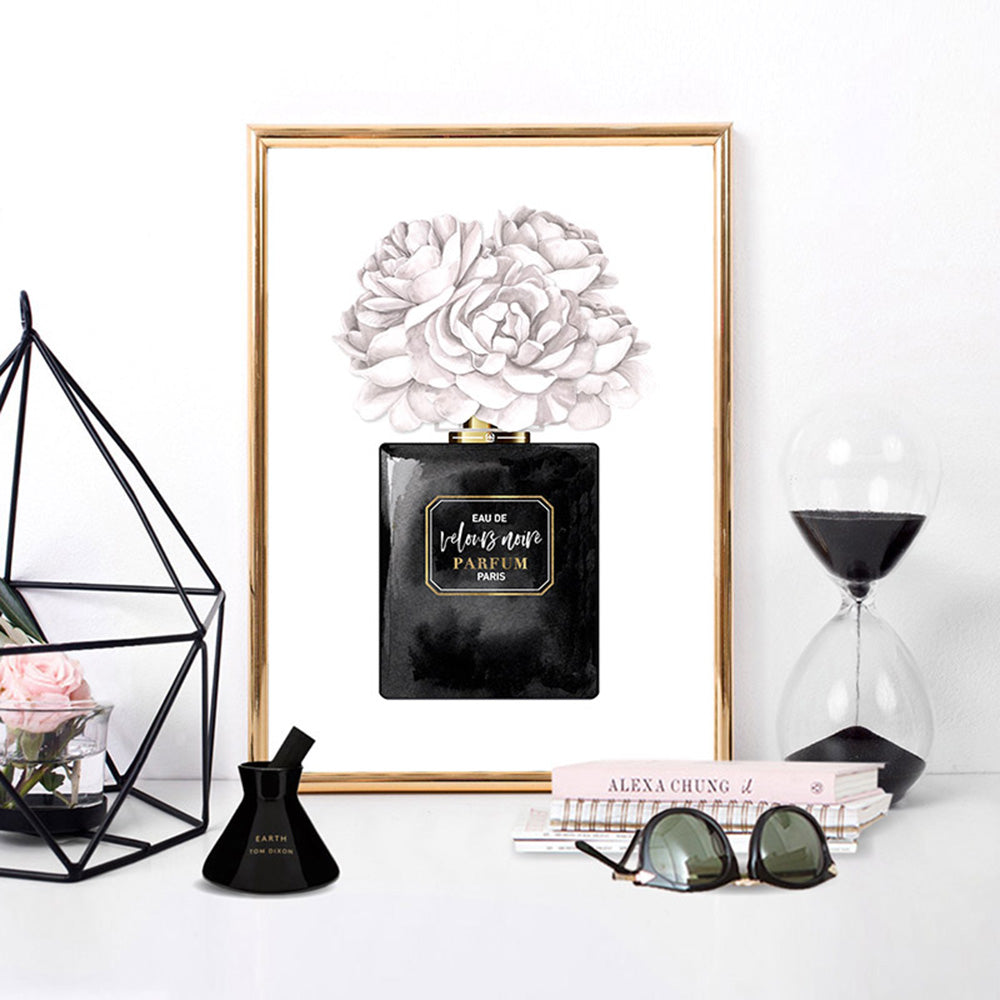 Black & White Floral Perfume Bottle - Art Print, Poster, Stretched Canvas or Framed Wall Art Prints, shown framed in a room