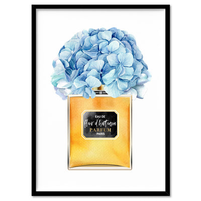 Gold & Blue Floral Perfume Bottle - Art Print, Poster, Stretched Canvas, or Framed Wall Art Print, shown in a black frame