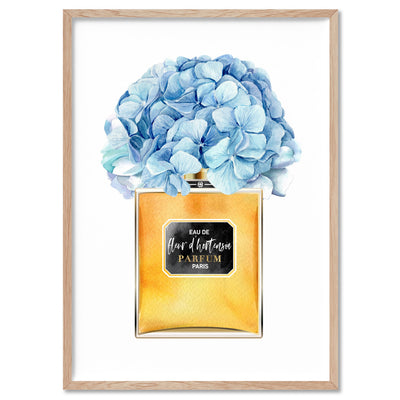 Gold & Blue Floral Perfume Bottle - Art Print, Poster, Stretched Canvas, or Framed Wall Art Print, shown in a natural timber frame