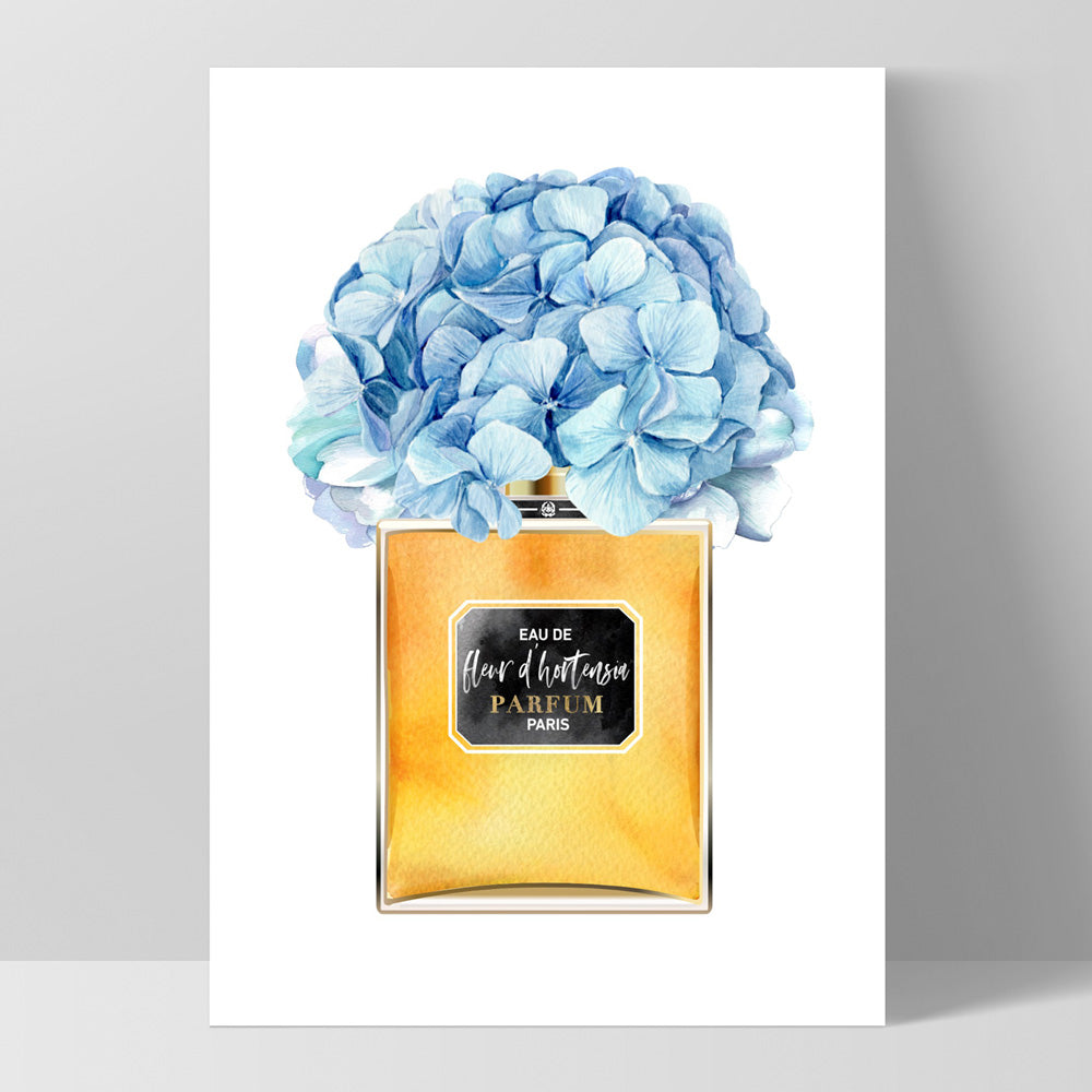 Gold & Blue Floral Perfume Bottle - Art Print, Poster, Stretched Canvas, or Framed Wall Art Print, shown as a stretched canvas or poster without a frame