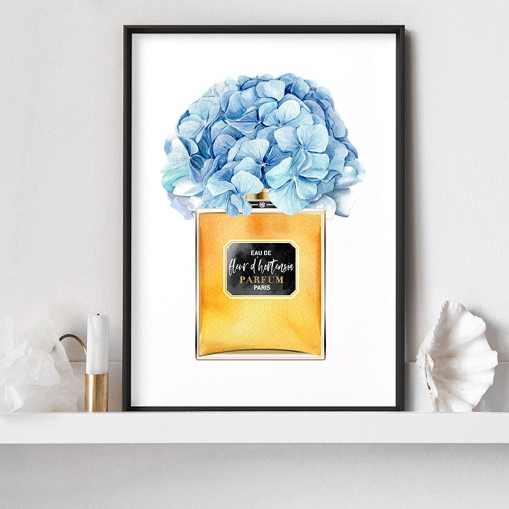 Gold & Blue Floral Perfume Bottle - Art Print, Poster, Stretched Canvas or Framed Wall Art, shown framed in a room