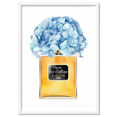 Gold & Blue Floral Perfume Bottle - Art Print, Poster, Stretched Canvas, or Framed Wall Art Print, shown in a white frame