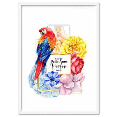 Floral Perfume Bottle | Rainbow Parrot - Art Print, Poster, Stretched Canvas, or Framed Wall Art Print, shown in a white frame