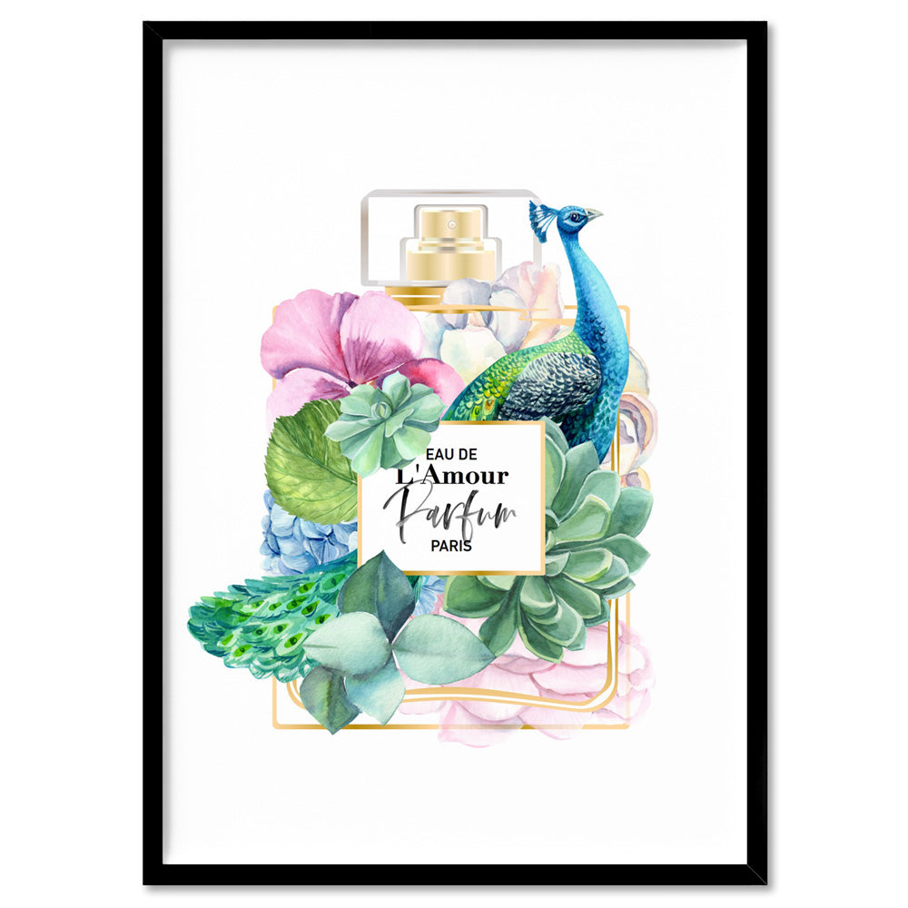 Floral Perfume Bottle | Peacock - Art Print, Poster, Stretched Canvas, or Framed Wall Art Print, shown in a black frame