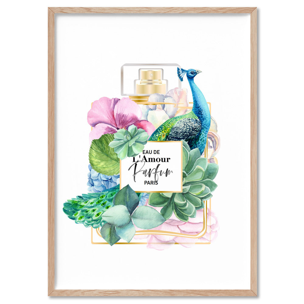 Floral Perfume Bottle | Peacock - Art Print, Poster, Stretched Canvas, or Framed Wall Art Print, shown in a natural timber frame