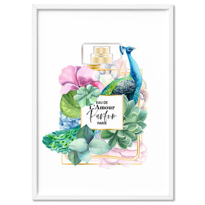 Floral Perfume Bottle | Peacock - Art Print, Poster, Stretched Canvas, or Framed Wall Art Print, shown in a white frame