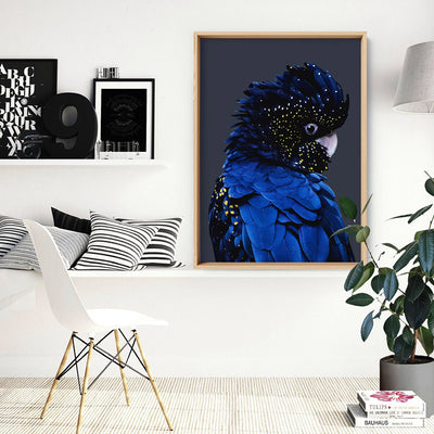 Black Cockatoo (indigo tones) - Art Print, Poster, Stretched Canvas or Framed Wall Art Prints, shown framed in a room
