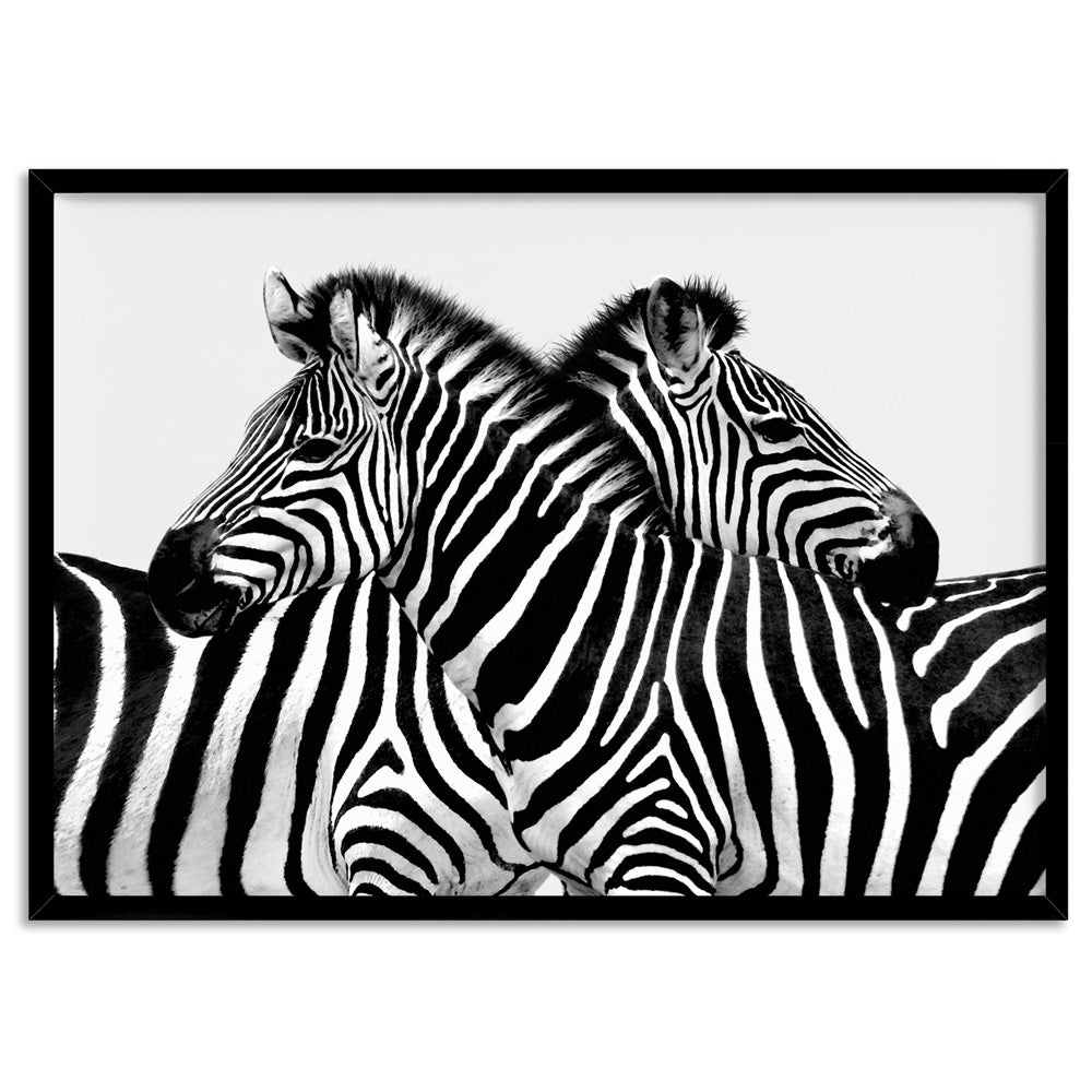 Zebra Embrace - Art Print, Poster, Stretched Canvas, or Framed Wall Art Print, shown in a black frame