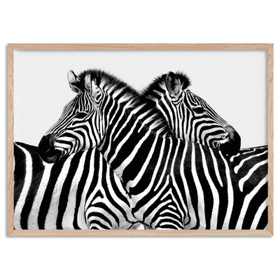 Zebra Embrace - Art Print, Poster, Stretched Canvas, or Framed Wall Art Print, shown in a natural timber frame