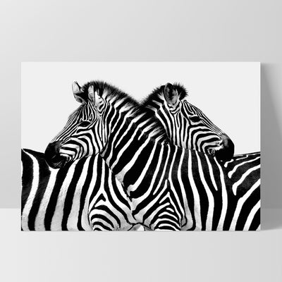 Zebra Embrace - Art Print, Poster, Stretched Canvas, or Framed Wall Art Print, shown as a stretched canvas or poster without a frame