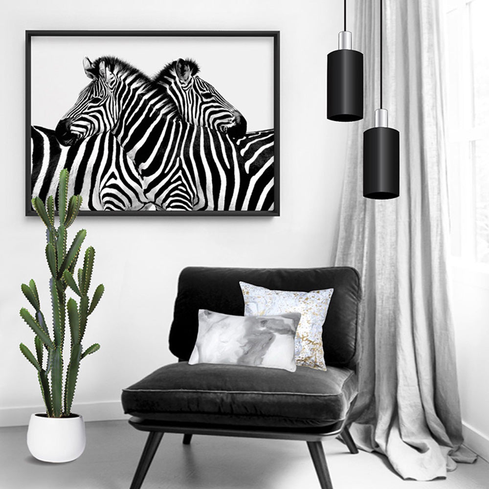 Zebra Embrace - Art Print, Poster, Stretched Canvas or Framed Wall Art Prints, shown framed in a room