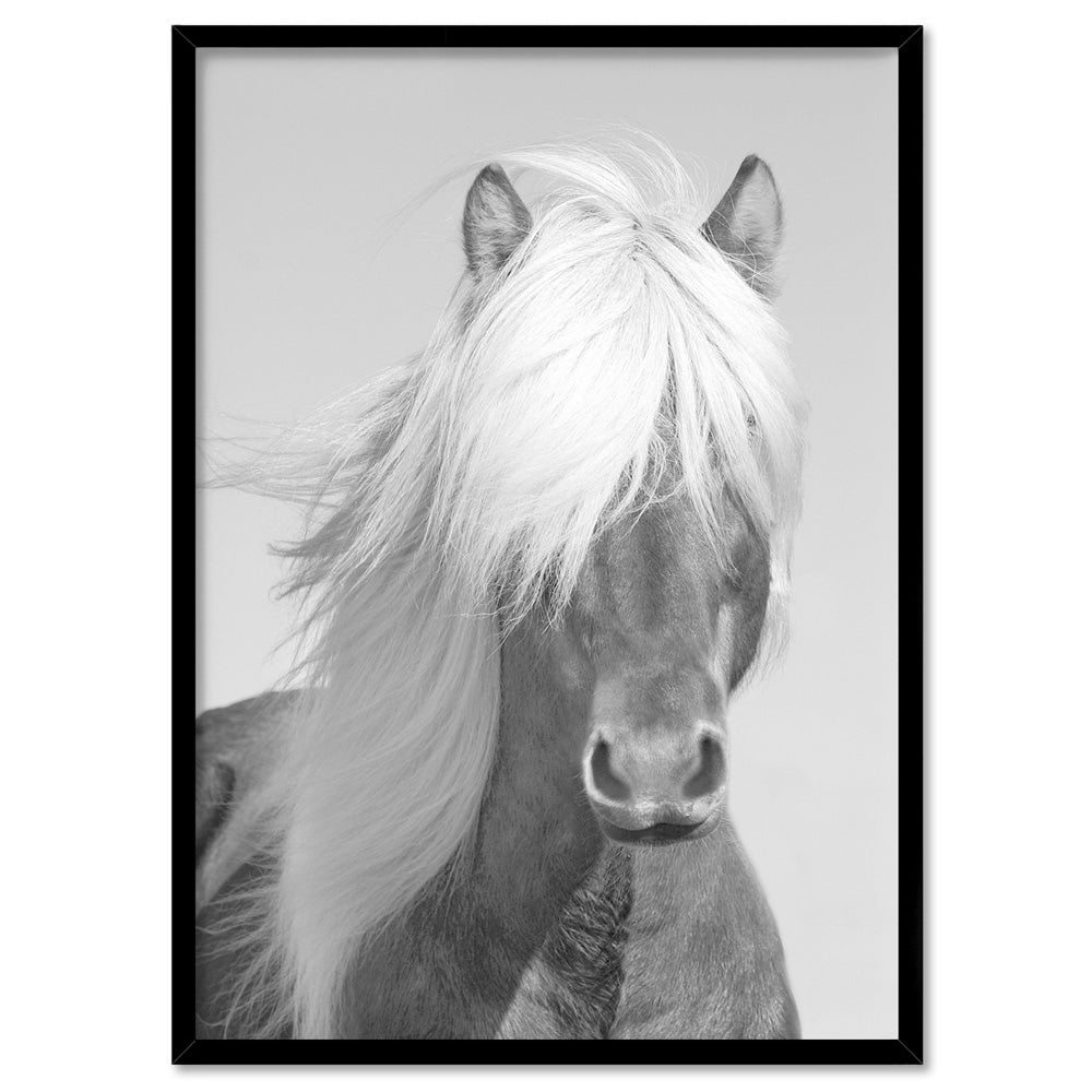 Horse Portrait in Black & White - Art Print, Poster, Stretched Canvas, or Framed Wall Art Print, shown in a black frame