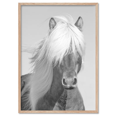 Horse Portrait in Black & White - Art Print, Poster, Stretched Canvas, or Framed Wall Art Print, shown in a natural timber frame