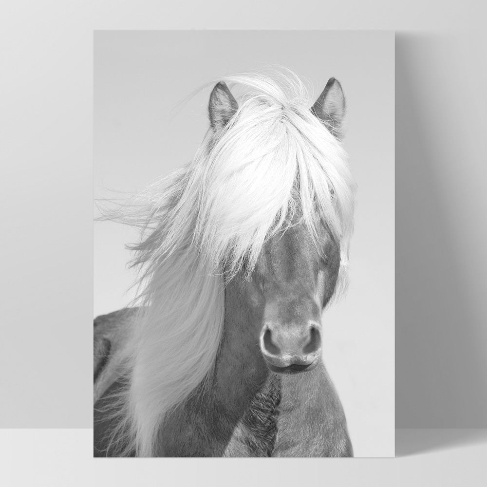 Horse Portrait in Black & White - Art Print, Poster, Stretched Canvas, or Framed Wall Art Print, shown as a stretched canvas or poster without a frame