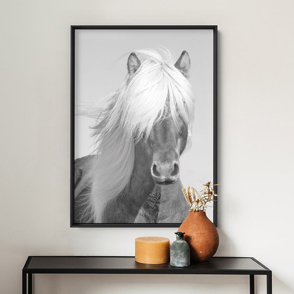 Horse Portrait in Black & White - Art Print, Poster, Stretched Canvas or Framed Wall Art, shown framed in a room