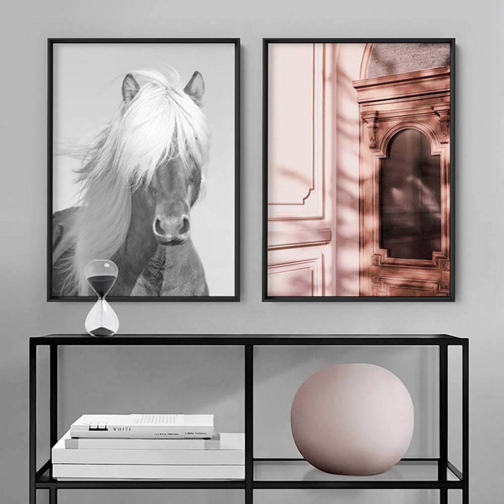 Horse Portrait in Black & White - Art Print, Poster, Stretched Canvas or Framed Wall Art, shown framed in a home interior space