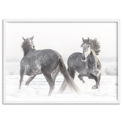Grey Horses Dancing Duo B&W - Art Print, Poster, Stretched Canvas, or Framed Wall Art Print, shown in a white frame