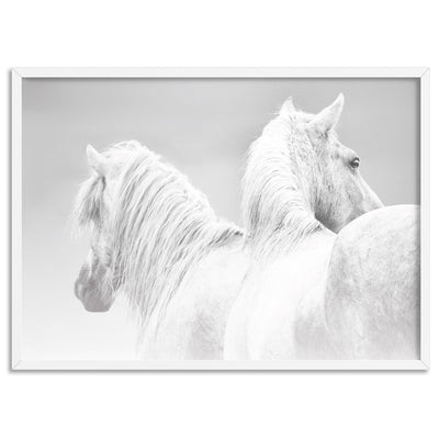 White Horses Duo B&W - Art Print, Poster, Stretched Canvas, or Framed Wall Art Print, shown in a white frame